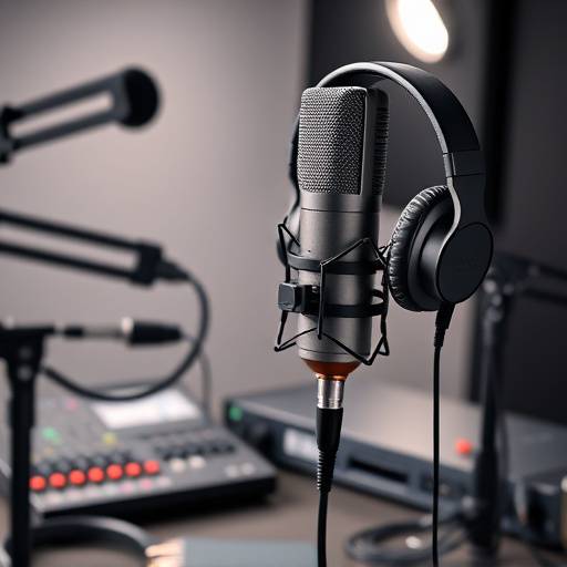 Professional microphone setup with headphones and audio interface