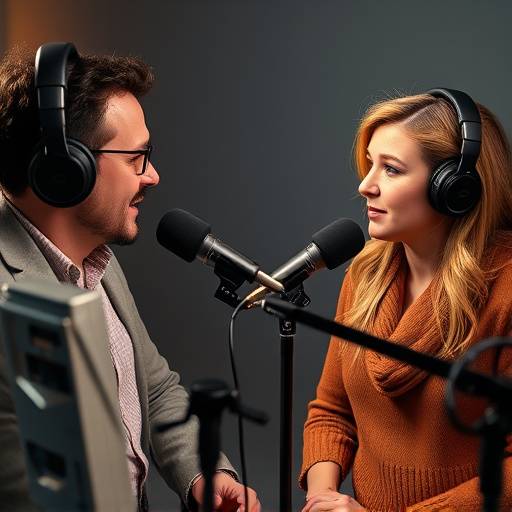Two people conducting a podcast interview with microphones and recording equipment